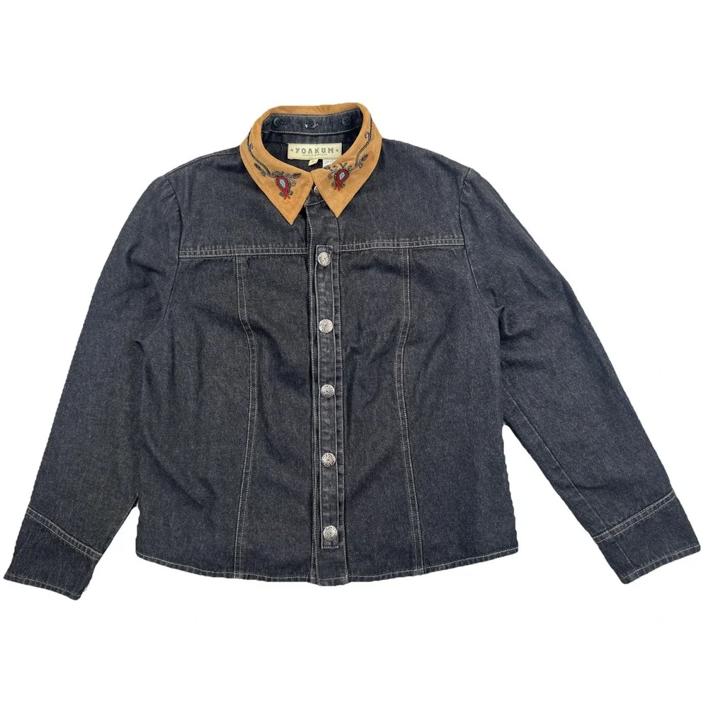 Double D Ranch Yoakum Women's Medium Black‎ Denim Jacket Beaded Collar